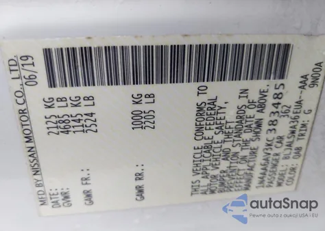 2019 Nissan Maxima 3.5 Sr z USA, uszkodzony, nr VIN 1N4AA6AV3KC383485